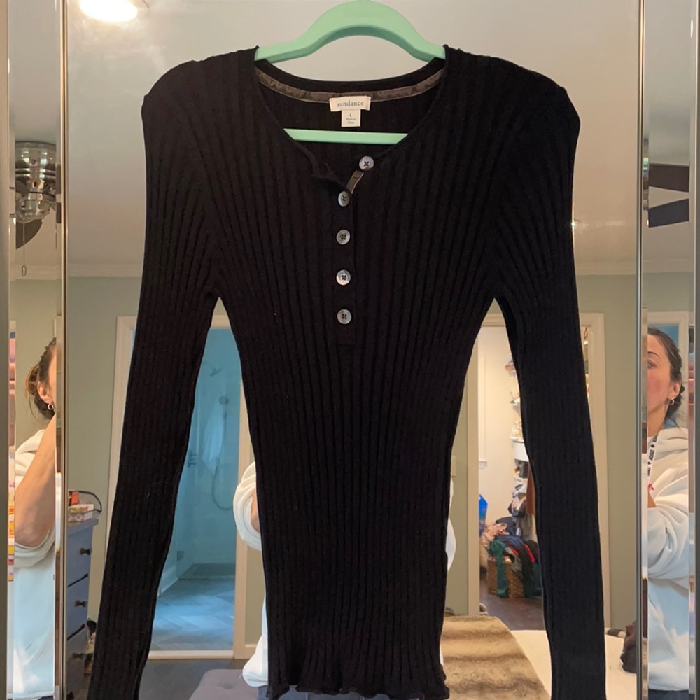 Sundance Black Ribbed Henley Scoop-Neck Sweater